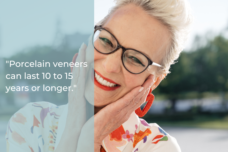 Smiling older woman with short blonde hair and glasses touching her face, overlaid with text about the longevity of veneers and how cosmetic dentistry can boost confidence.