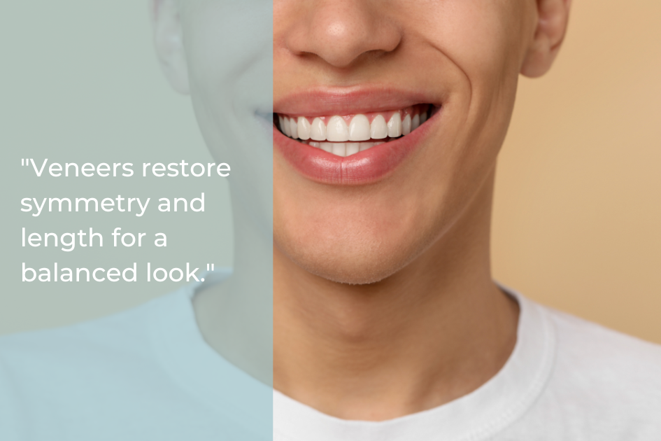 A person smiling, showing straight white teeth, with a quote on the left that reads, "Dental veneers restore symmetry and length for a balanced look and boost confidence.