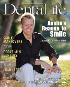 A smiling man sits outdoors on grass, featured on the cover of DentalLife magazine with headlines about cosmetic dentistry and patient transformations.