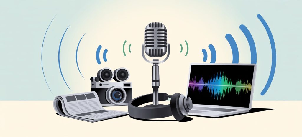 Illustration of a microphone, camera, laptop with sound waves, headphones, and a newspaper, representing various forms of media and communication.