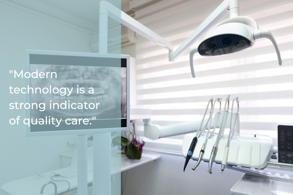 A modern dental clinic with digital equipment, dental tools, and a monitor displaying an X-ray, accompanied by a quote about technology and quality care from the best Austin dentist.