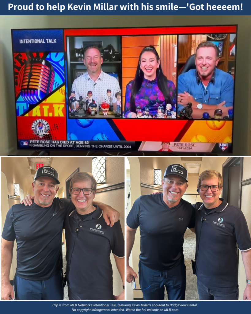A TV segment with three hosts is shown above two photos of two men smiling together in a dental office, all wearing casual or dental attire.