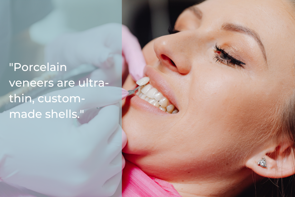 A dentist wearing gloves holds a dental tool near a smiling woman's teeth, with text about the veneers process and porcelain veneers overlayed on the image.