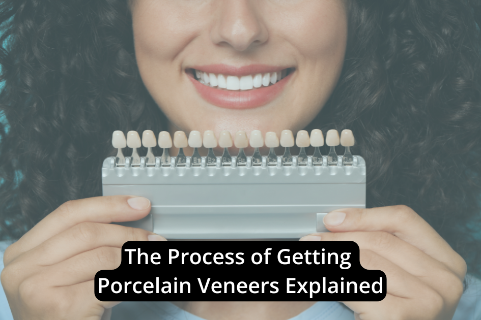 A woman holds a set of dental veneer color samples in front of her mouth, showing her teeth; text reads, "The Veneers Process: Getting Porcelain Veneers Explained.