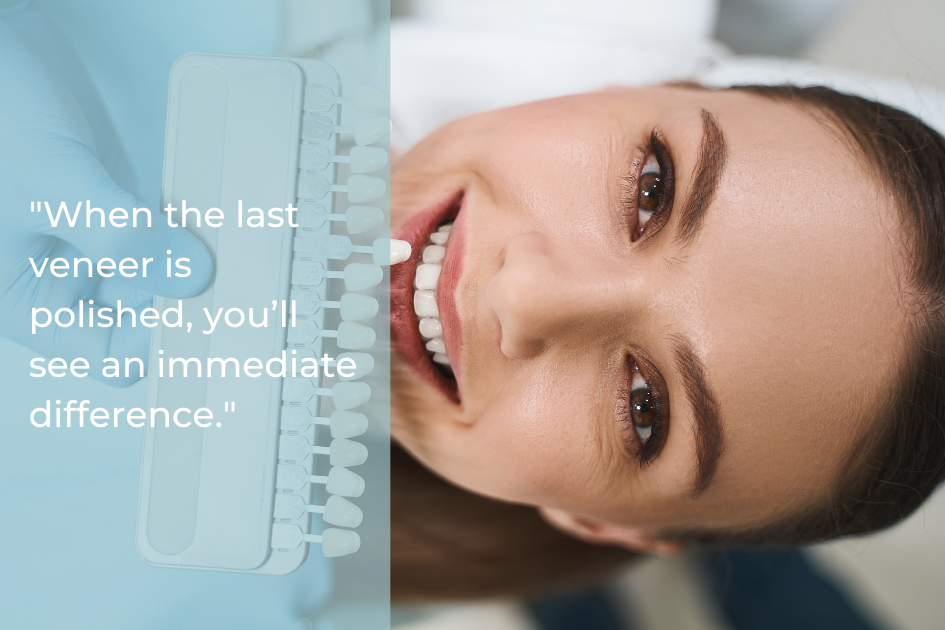 A woman at a dental clinic is smiling as a dentist holds a set of tooth shade guides near her mouth, illustrating the porcelain veneers process; text appears on the left side of the image.