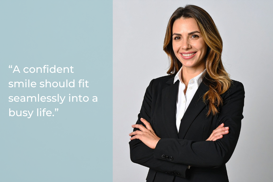 A woman in a black suit stands with arms crossed and smiles; beside her is text reading, “Austin professionals know a confident smile should fit seamlessly into a busy life.”.