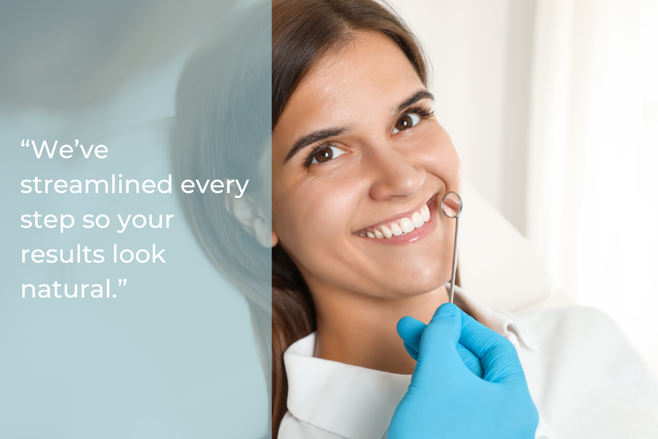 A woman smiles in a dental chair while a gloved hand holds a dental mirror to her teeth. Text on the image reads, "Austin professionals have streamlined every step so your cosmetic dentistry results look natural.